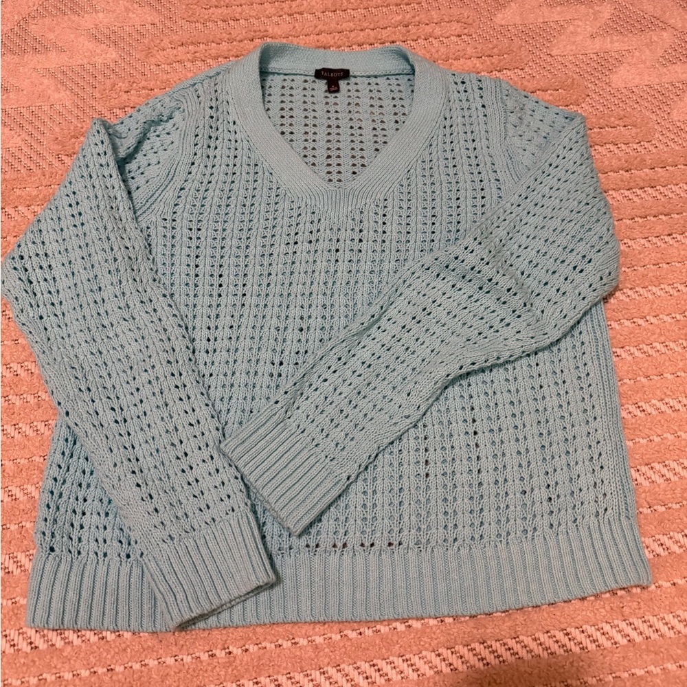 Talbots Light Blue Open-Knit V-Neck Sweater
